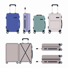 A set of travel suitcases in different colors and sizes. Various types of travel luggage. Family travel suitcases, hand luggage and checked baggage.