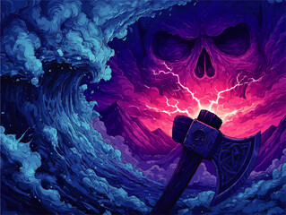 Epic Fantasy Vector Illustration of Skull Storm Clouds with Lightning Striking Axe and Massive Ocean Wave Dark Magical Mythical Viking Warrior Battle Concept Art