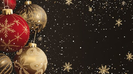 Festive holiday background with red, gold, and brown Christmas ornaments with snowflake patterns and golden snowflake decorations on a dark backdrop with snow.