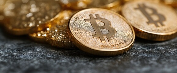 Golden Bitcoin Coins Close-Up