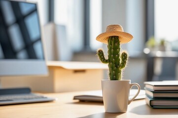 A cactus with a straw hat inside a white coffee mug, set on a wooden desk in a bright office environment