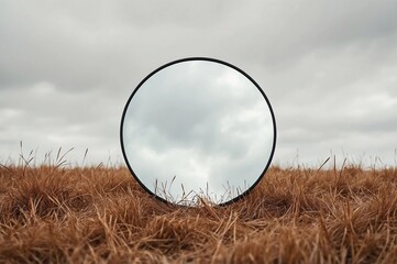 A round mirror in a field of dry grass, reflecting the cloudy sky above
