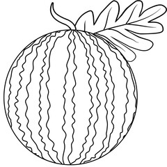 Line Art Illustration of a Watermelon with Leaf, Watermelon Coloring Page