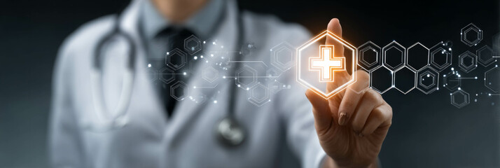 A doctor is holding a cross and pointing to a medical symbol