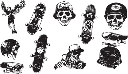 Collection of Skateboard Graphics Featuring Skulls and Angels in Black and White