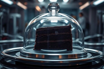 A chocolate cake under a glass dome on a metallic tray