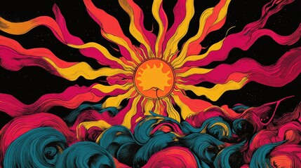 Illustration of a sun with wavy rays and ocean waves in a psychedelic style against a dark background with stars, creating a surreal and dreamy atmosphere.