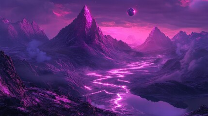 Purple landscape with mountains under a cloudy sky and a river of light leading to a lake, with a planet in the sky. Fantasy concept, background for sci fi or fantasy genre.