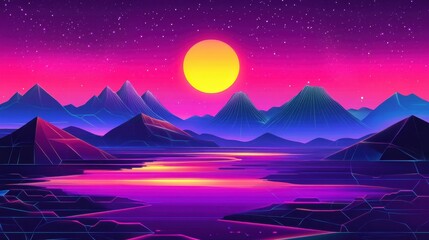 Synthwave landscape with mountains, river, and sun, featuring vibrant purple, pink, and blue hues under a starry sky, evoking a retro futuristic atmosphere.