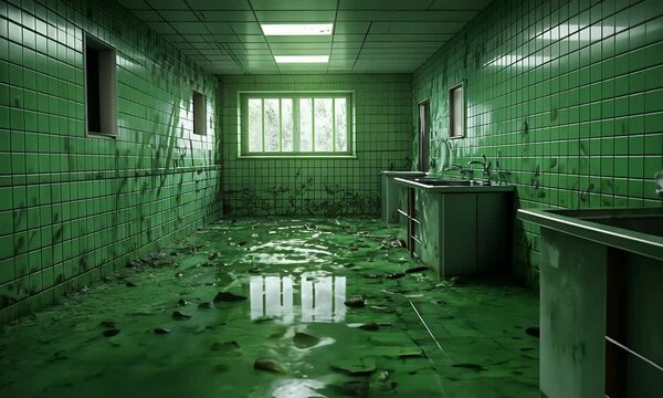 Eerie green abandoned hospital corridor with moss, evoking decay and desolation atmosphere