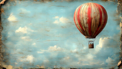 Vintage-styled image of a red and white striped hot air balloon floating in a cloudy sky with textured border