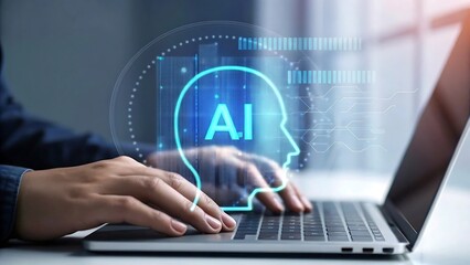 Person using laptop with AI interface digital head overlay showing artificial intelligence technology