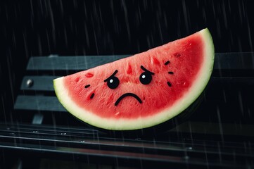 A sad slice of watermelon on a bench under the rain