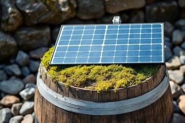 A solar panel on a moss covered wooden barrel 