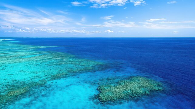 Aerial view of turquoise ocean water with coral reefs under a blue sky and scattered white clouds - Powered by Adobe