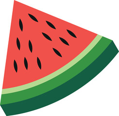 Flat vector illustration of a watermelon slice with vivid red pulp, green rind, and black seeds. Perfect for summer designs, food-related content, or tropical-themed artwork.