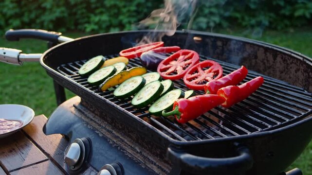 Assorted Grilled Vegetables on Barbecue Grill with Soft Natural Light