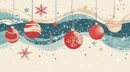 Christmas illustration featuring hanging baubles, snowflakes and stars in red, blue, and cream tones. Festive design with winter holiday elements on a textured background.