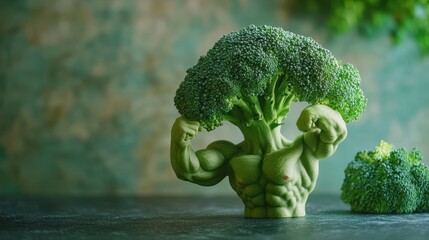 Broccoli flexes its muscles in a gym-inspired setting showing off fitness prowess like a bodybuilder, perfect for healthy living enthusiasts