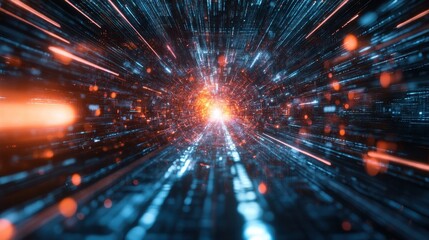 Abstract digital tunnel with orange and blue light streaks, data stream effect. Concept for big data, technology, future, artificial intelligence, science and network connection.