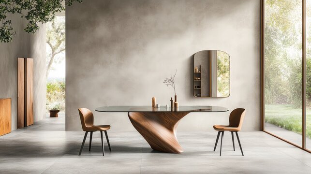 Modern dining room with organic wooden table and minimalist chairs