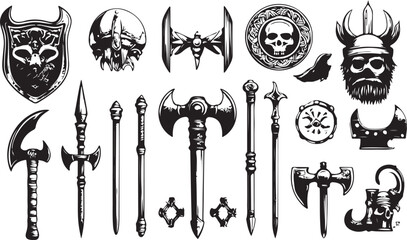 Collection of Viking Weapons and Symbols Black and White Graphic Design