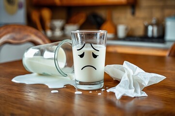 Glass of milk with a sad face next to a spilled glass on a wooden table