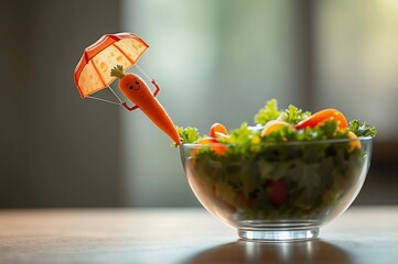 A happy carrot character escapes with a parachute from a fresh bowl of salad