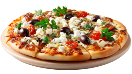 Artisan Pizza Delight: A culinary masterpiece unfolds, a rustic pizza crowned with vibrant olives, juicy tomatoes, fresh herbs, and creamy cheese, promising a burst of authentic flavors and textures