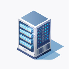 Isometric Illustration of a White Server with Blue Lights