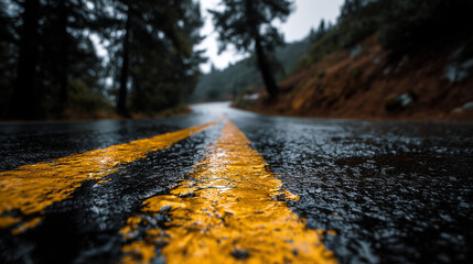 Wet Road With Yellow Line After Rain Driving Travel