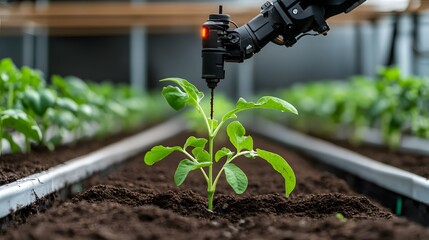 Robotic Arm Tending to Young Plant in Modern Greenhouse Environment