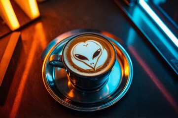 A cup of coffee with latte art depicting an alien face, placed on a reflective metallic tray