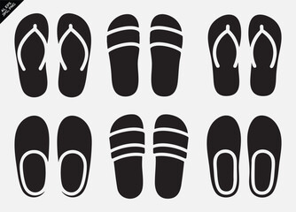 monochrome black and white footwear icons featuring flip-flops, slides and slippers