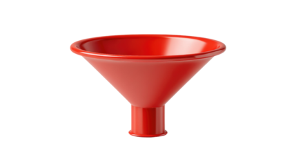Red Funnel: A clean, precise image of a bright red funnel, a common laboratory and workshop tool for channeling liquids and powders, showcases its simple, utilitarian design.