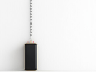 Black power bank hanging on metal chain against white textured wall, symbolizing portable energy and modern technology with sleek design