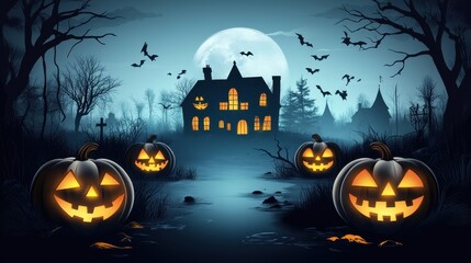 Halloween night scene with glowing jack o lanterns, spooky house, bats flying in front of a full moon, and bare trees creating a festive and eerie atmosphere.