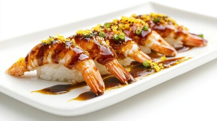 Savoring the exquisite flavors of ebi nigiri with lemon zest and soy glaze on a delicate porcelain plate
