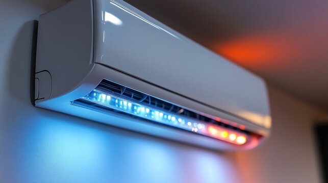 Modern wall-mounted air conditioner with vibrant LED lighting - Powered by Adobe
