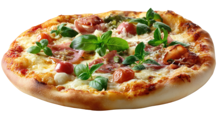 Pizza Delight: A close-up shot of a mouthwatering pizza, featuring a golden crust, melted cheese, fresh basil, and savory toppings, a true feast for the eyes and palate.