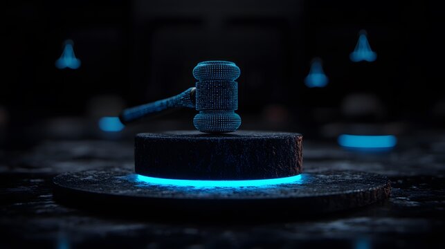 Digital Gavel on Illuminated Base in Modern Legal Environment