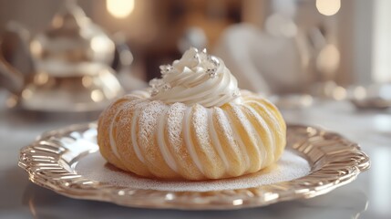 Delicate pastry adorned with silky cream on an elegant platinum-edged plate, capturing a moment of culinary artistry in a luxurious dining setting
