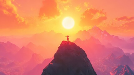 Silhouette of person on mountain peak with arms outstretched against a vibrant sunset landscape view
