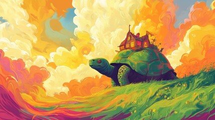 Illustration of a turtle carrying a house on its back, set against a vibrant sky with swirling clouds and lush green grass, creating a whimsical and imaginative scene.
