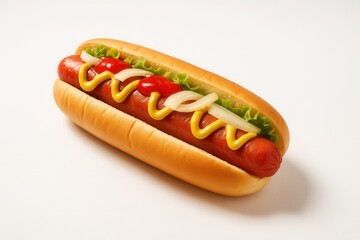 Hot Dog Delight: A tempting top-down view of a perfectly assembled hot dog. showcasing a delicious sausage nestled within a soft bun, topped with vibrant condiments.
