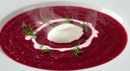 Vibrant Beet Soup Topped with Cream and Fresh Dill Steaming in White Bowl