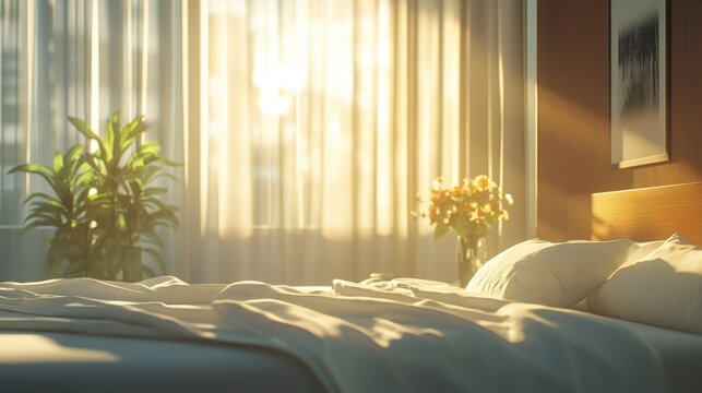 Cozy modern hotel room featuring a freshly made bed with white linens, illuminated by soft sunlight streaming through sheer curtains in an inviting atmosphere