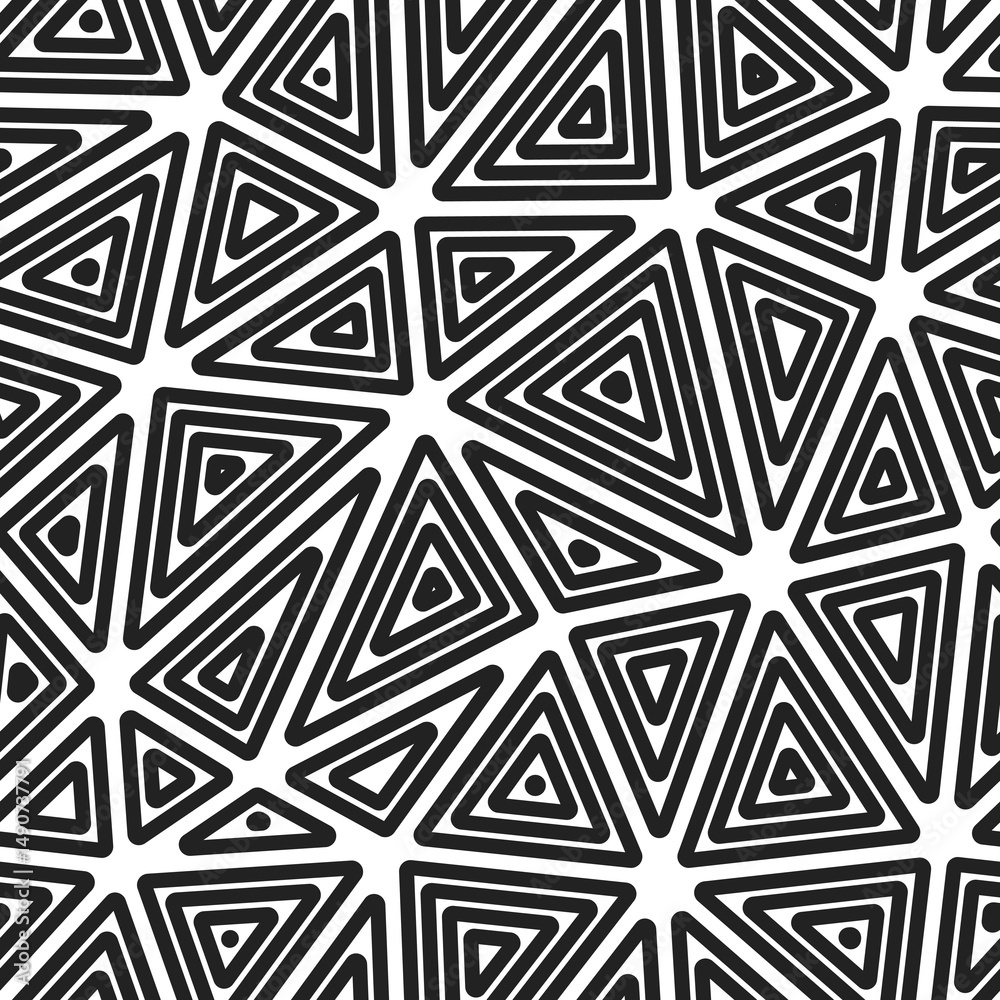 Poster mosaic triangles shapes background. big shape size. multiple repeated inner triangles. black and whi