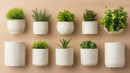 Various small potted plants arranged on a light wooden surface