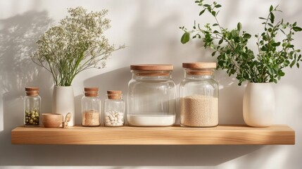 A wooden shelf displaying glass jars of various sizes and contents, along with small white vases of flowers and greenery